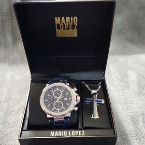 Mario Lopez Navy Chronograph Watch and Cross Necklace Set
